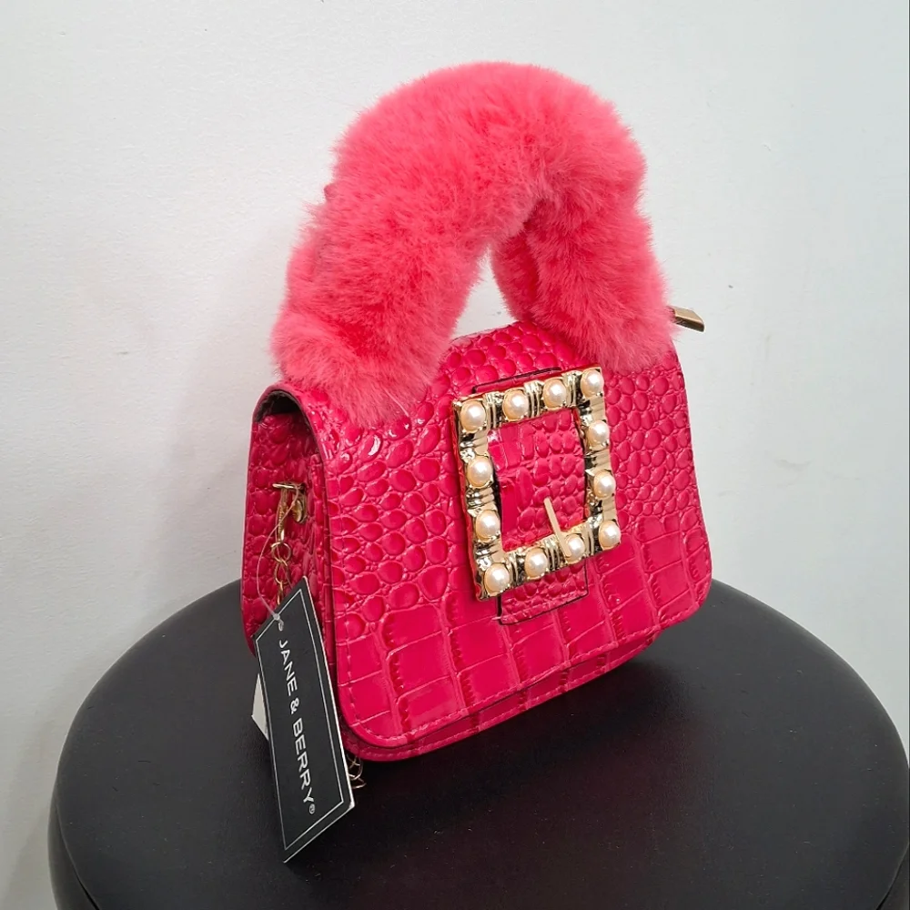 Pink Preppy Mini Crock Embossed Pearl Buckle Fuzzy Bag - Picture 2 of 7